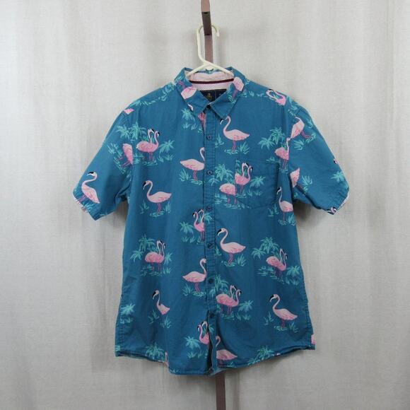 Rugby University XL Blue and Pink Flamingo Cotton Button Up Short Sleeve Shirt - Picture 1 of 6